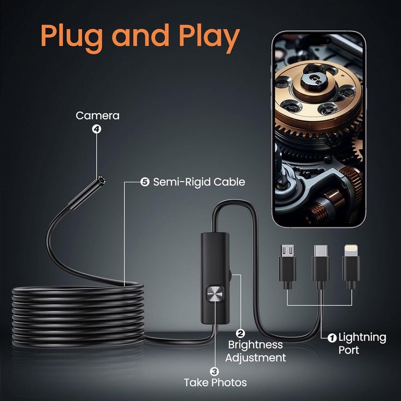 BlueSwan Endoscope Camera with Light, HD Borescope with Dimmable LED Bulbs, 16.4ft Semi-Rigid Snake Camera for iOS & Android, IP67 Waterproof Boroscope Inspection Tools for Sewer, Cool Gadgets for Men - Image 5
